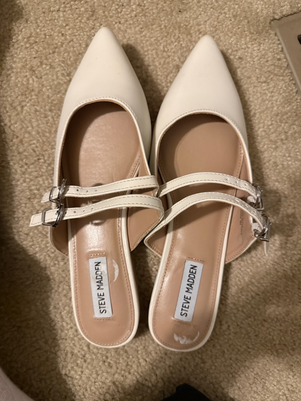 Steve Madden White Pointed Mule Flats with Double Straps